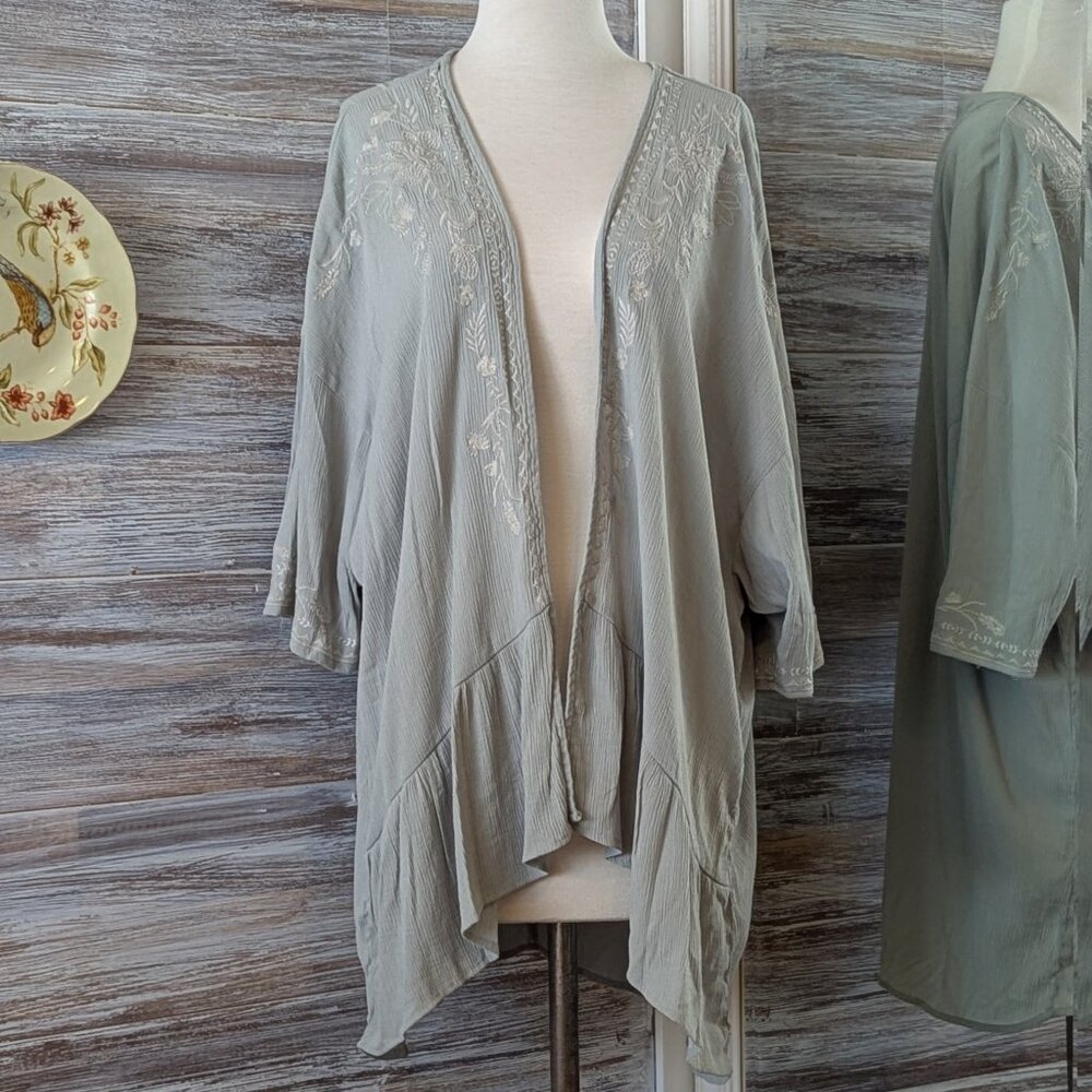 Knox Rose Embroidered Kimono Cover Up Swim Festival Large L Dusty Green